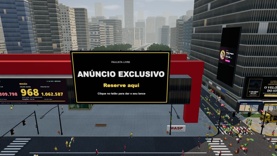 O telão principal do MASP no jogo, preto com "Anúncio exclusivo", esperando a marca do maior lance